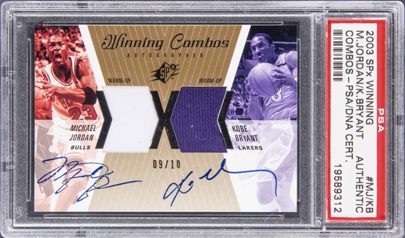 2003-04 SPx "Winning Combos Autographed" #MJ/KB Michael Jordan/Kobe Bryant Dual Signed Game Used Warm-Up Patch Card (#09/10) – PSA Authentic, PSA/DNA Certified